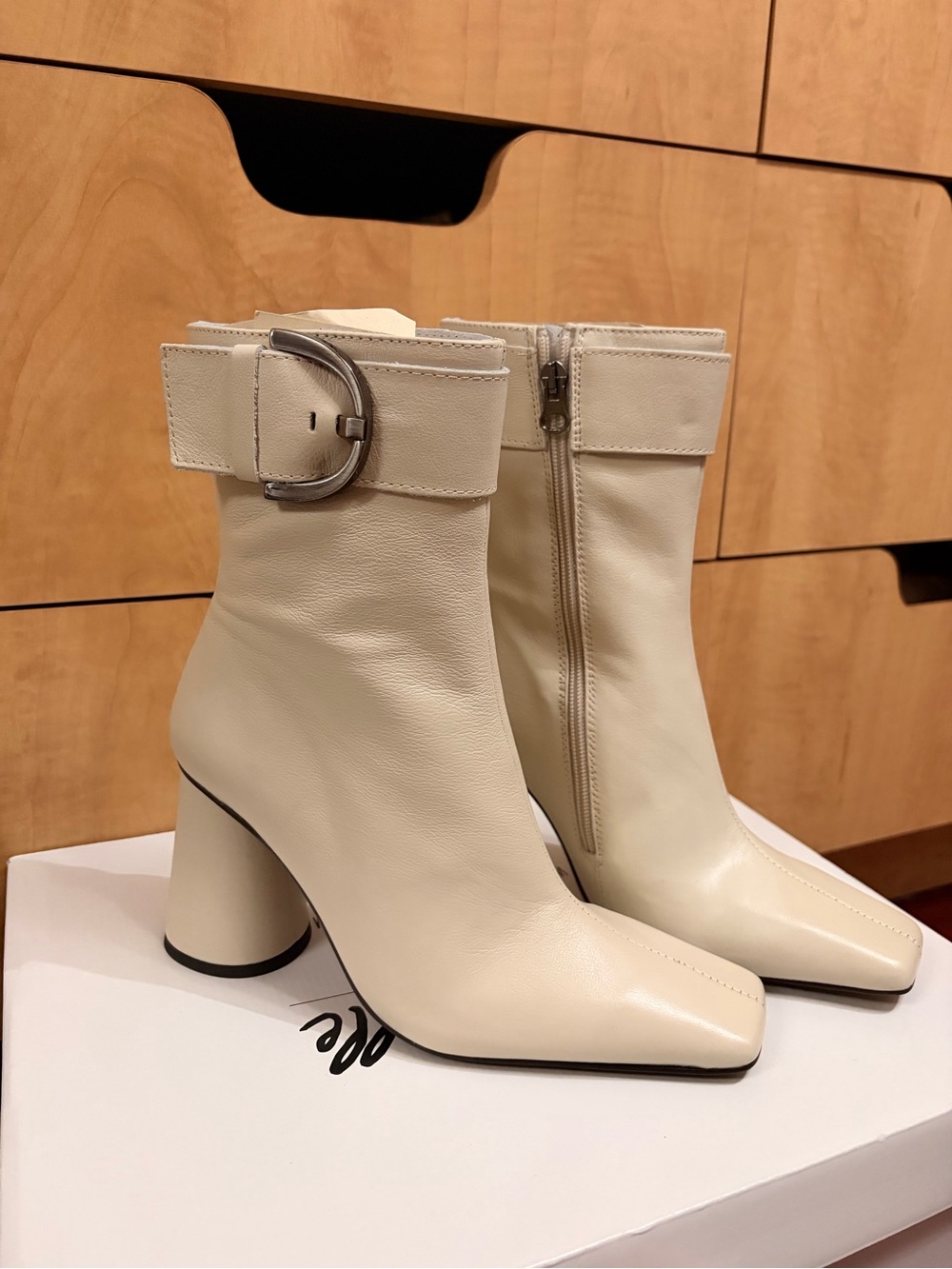 Women's Cream Leather Ankle Boots with Buckle Strap